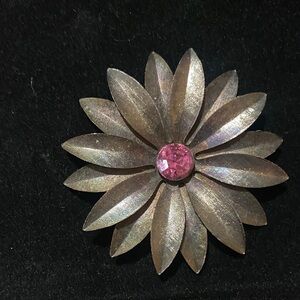 Vintage Floral Brooch with Pink Center and Brushed Metal Petals